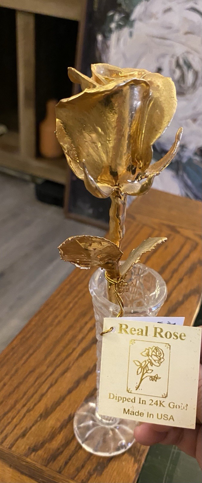 Real Rose Dipped In 24k Gold with Crystal Vase