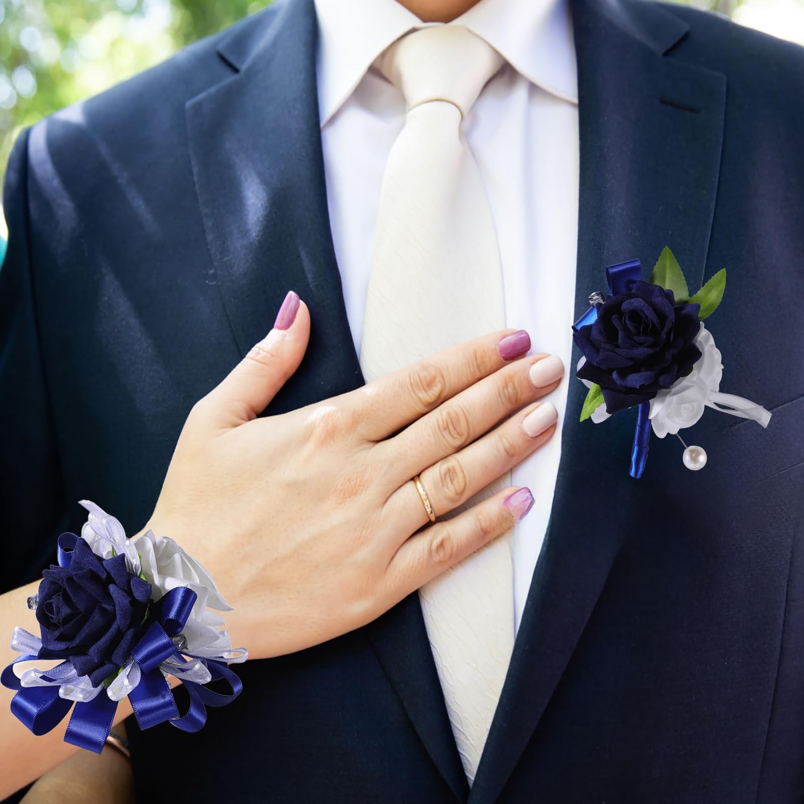 2 PCS Blue White Corsage And Boutonniere Set Wristlet For Prom Wedding
