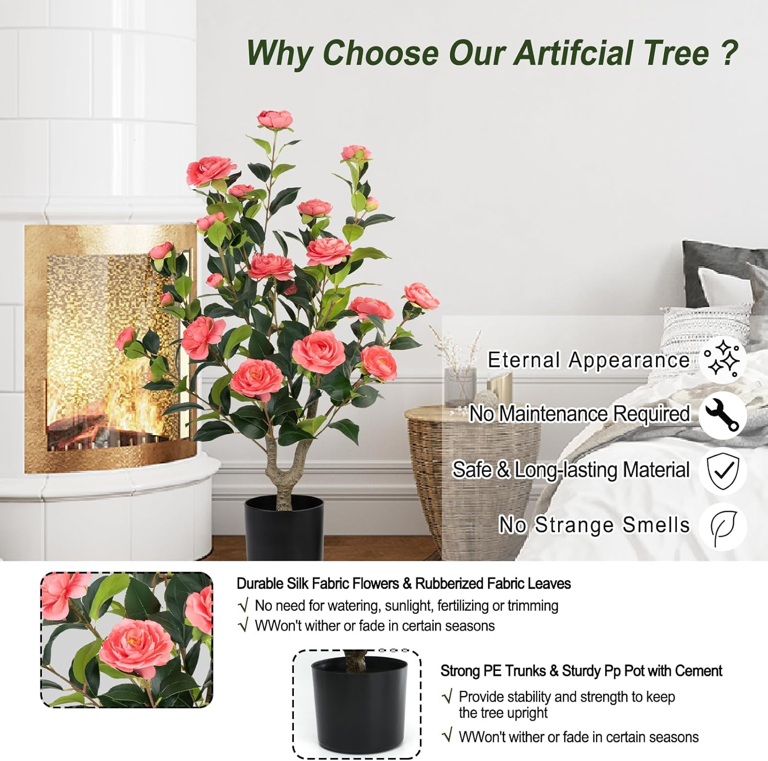 Artificial Camellia Tree 2 Pack – Realistic Camellia Plants in Pot with Pink Flo