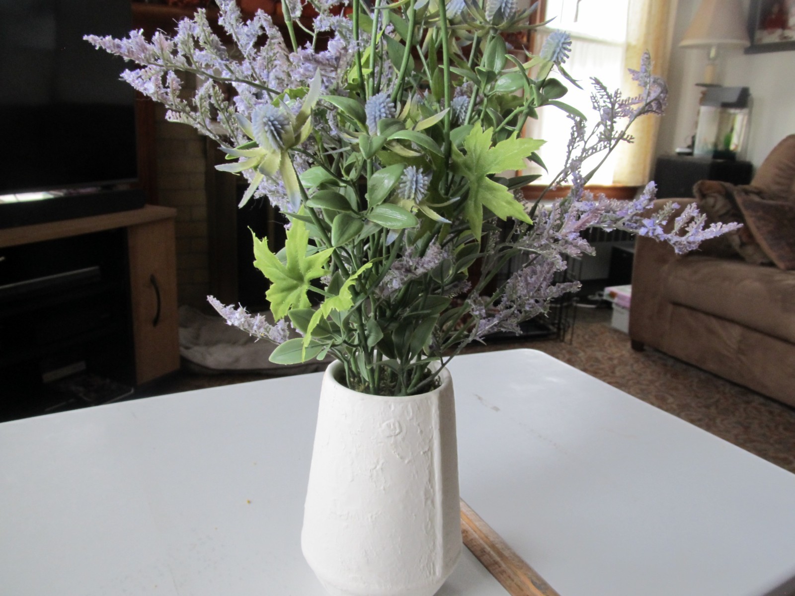 Faux Lavender Potted Plant 6 1/2 in White Ceramic Vase Total Arrangement 16 in