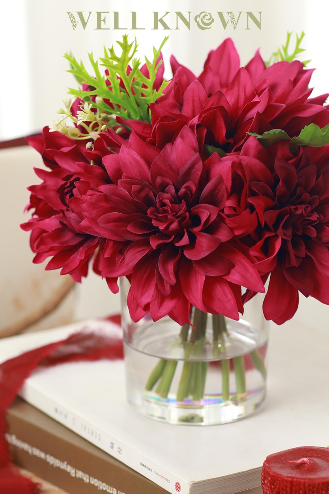 Artificial Flowers Vase Silk Faux Arrangements Water Dining Table Fuchsia Red