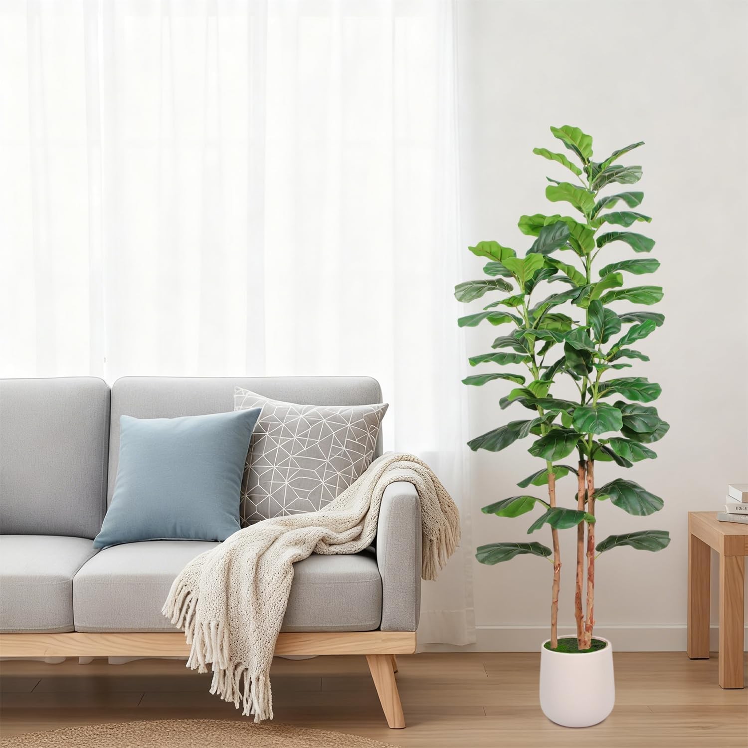 Artificial Fiddle Leaf Fig Tree with White Planter, 5ft Tall Faux Ficus Tree