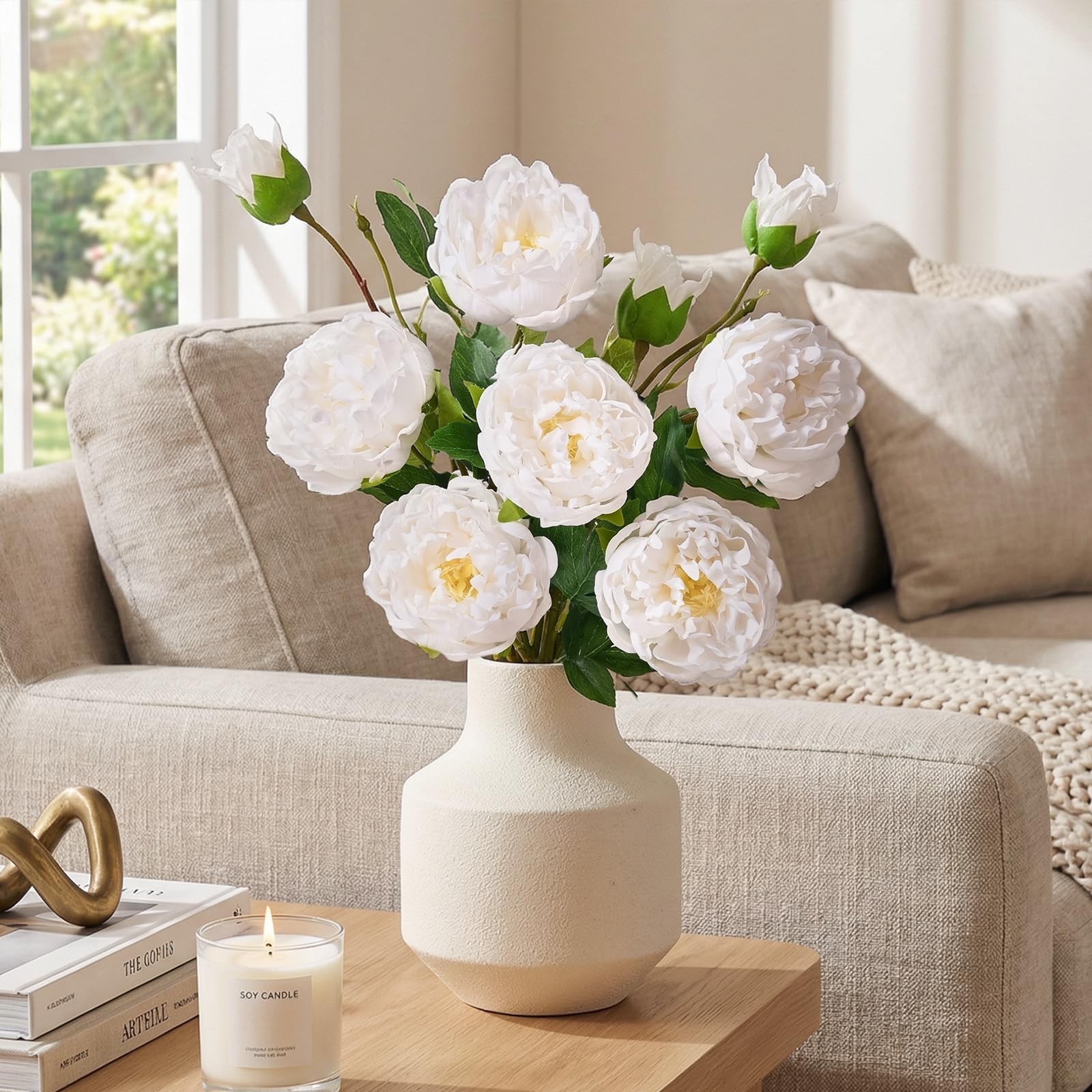 3PCS Real Touch Peonies Artificial Flowers, 22in White Fake Peonies Artificia…
