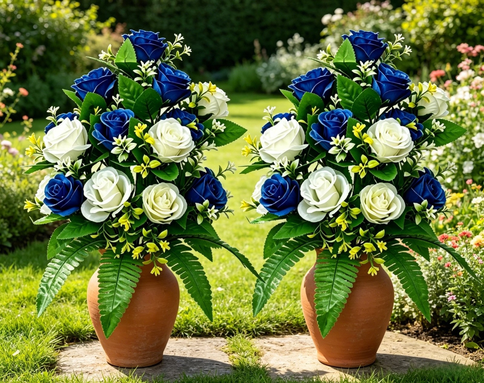 Artificial Rose Bouquets 2 Pack Blue White Green 43cm Low Maintenance Decor