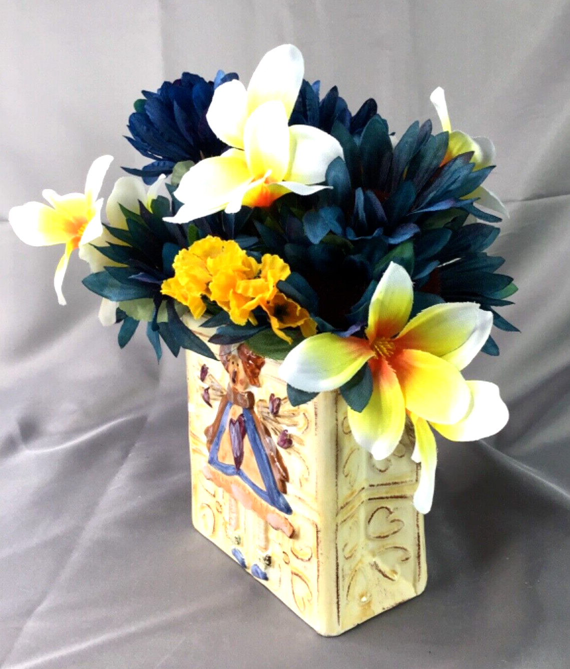 Square 5” Angel Planter Vase Gorgeous Blue White Yellow Floral Arrangement