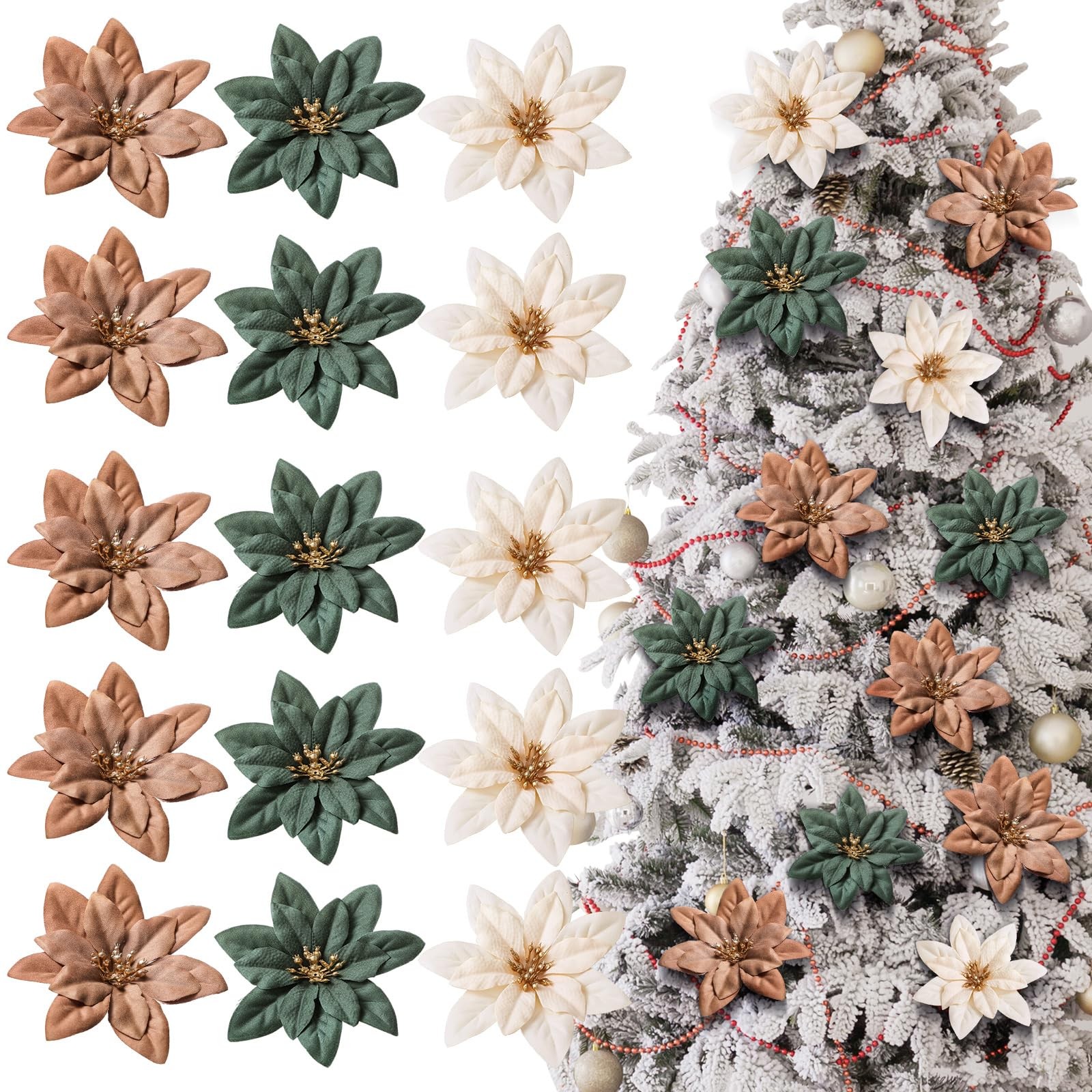15 Pcs Christmas Poinsettia Artificial Flowers with Clips Christmas Tree Flow…