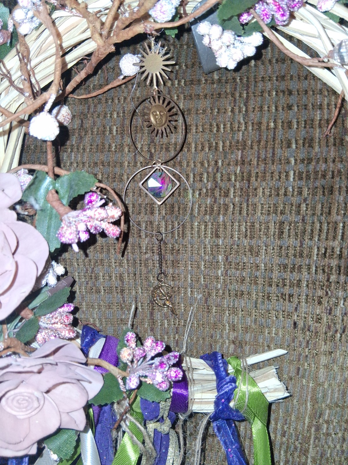 9″ Reiki Infused Wreath Mauve And Plum With Suncatcher, Bells And Charms