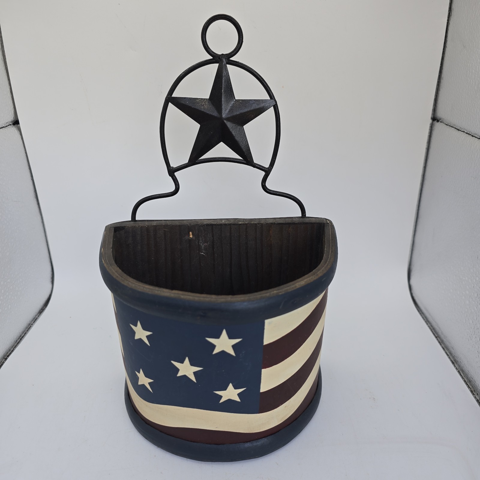 Primitive Patriotic Hanging Wood Metal American Flag Box Planter Basket Shelf