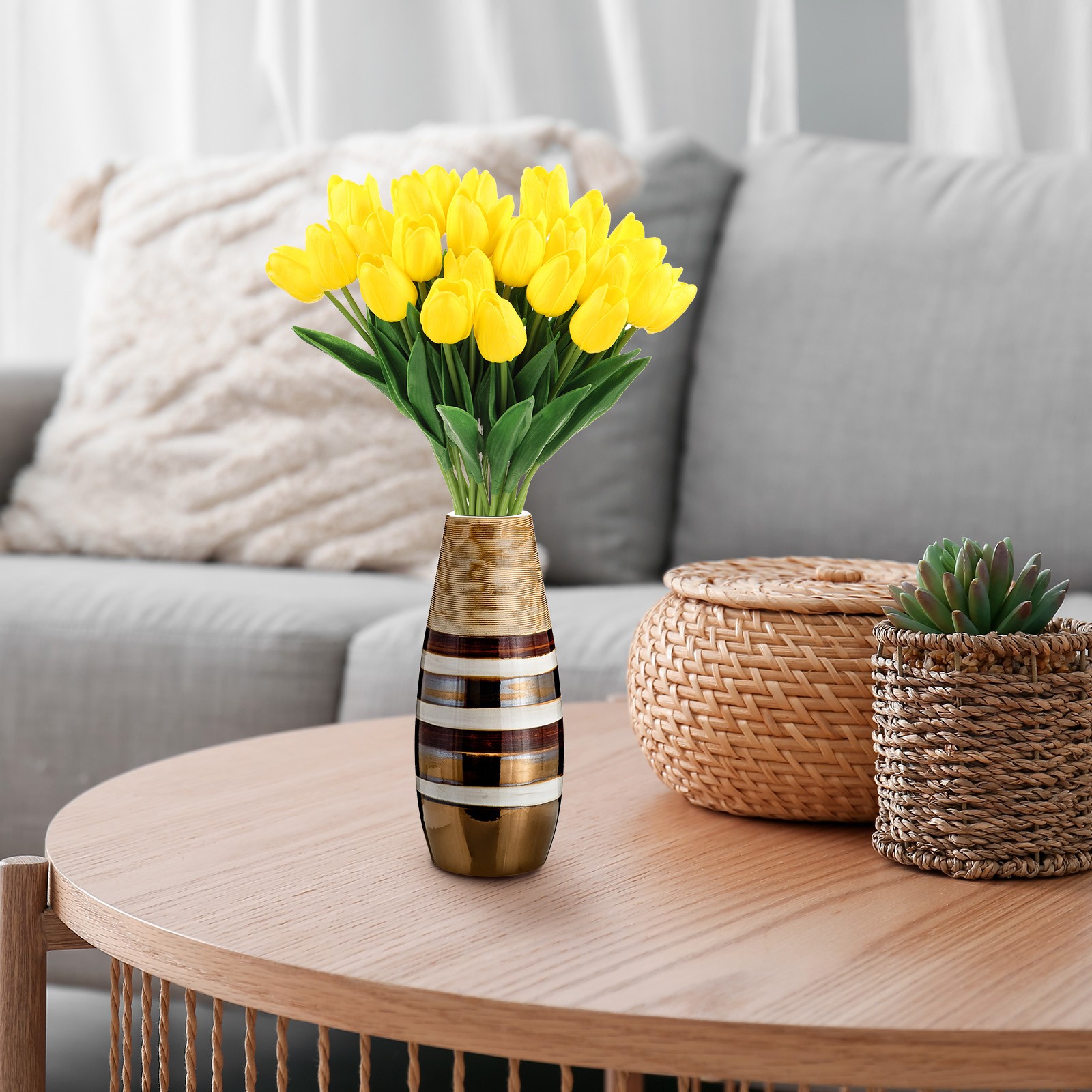 24Pcs Fake Tulips Artificial Flowers PU Artificial Tulips Real Touch Yellow