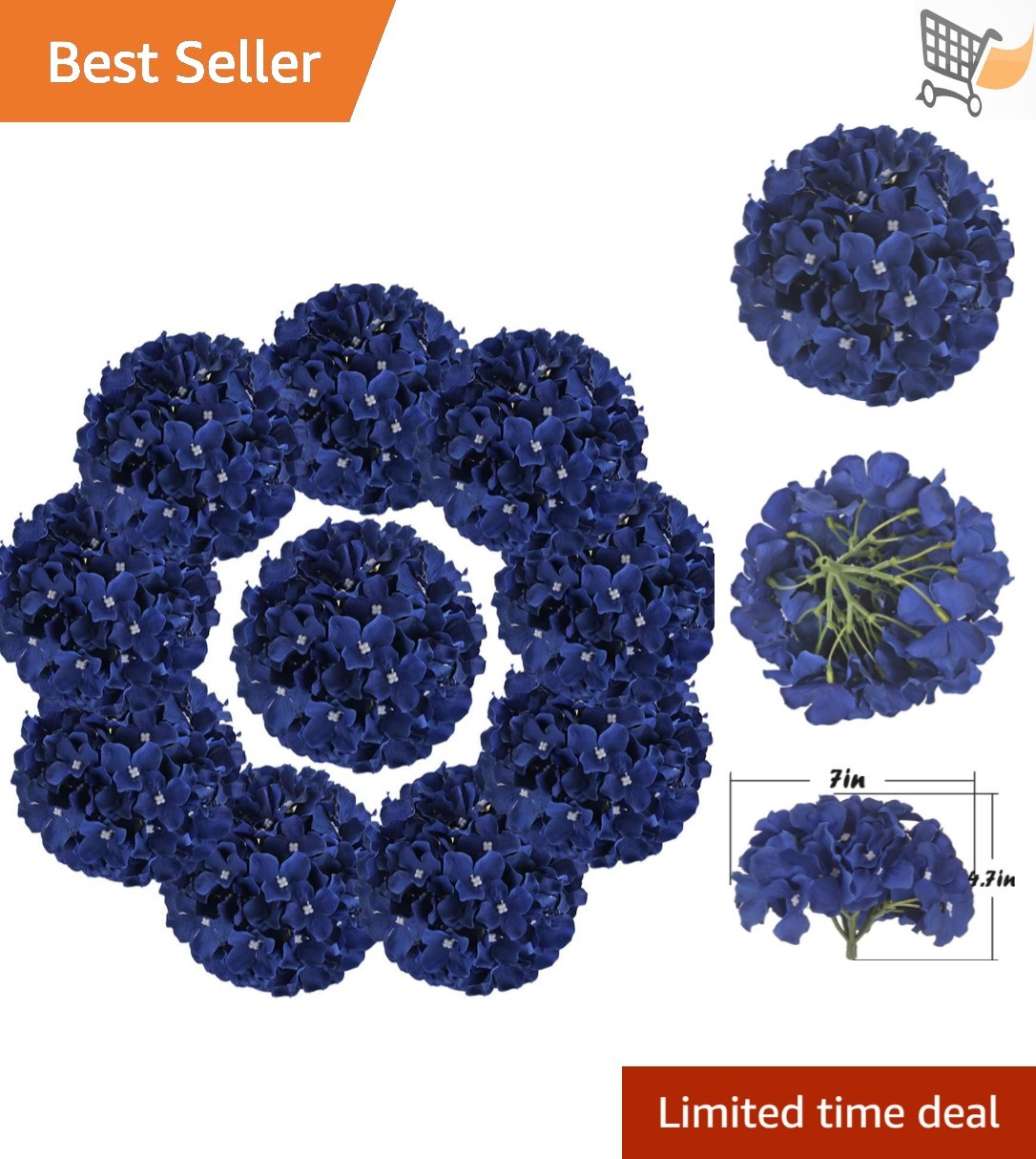 Artificial Silk Hydrangea Heads with Stems 10 Pack Royal Blue for Home Weddin…