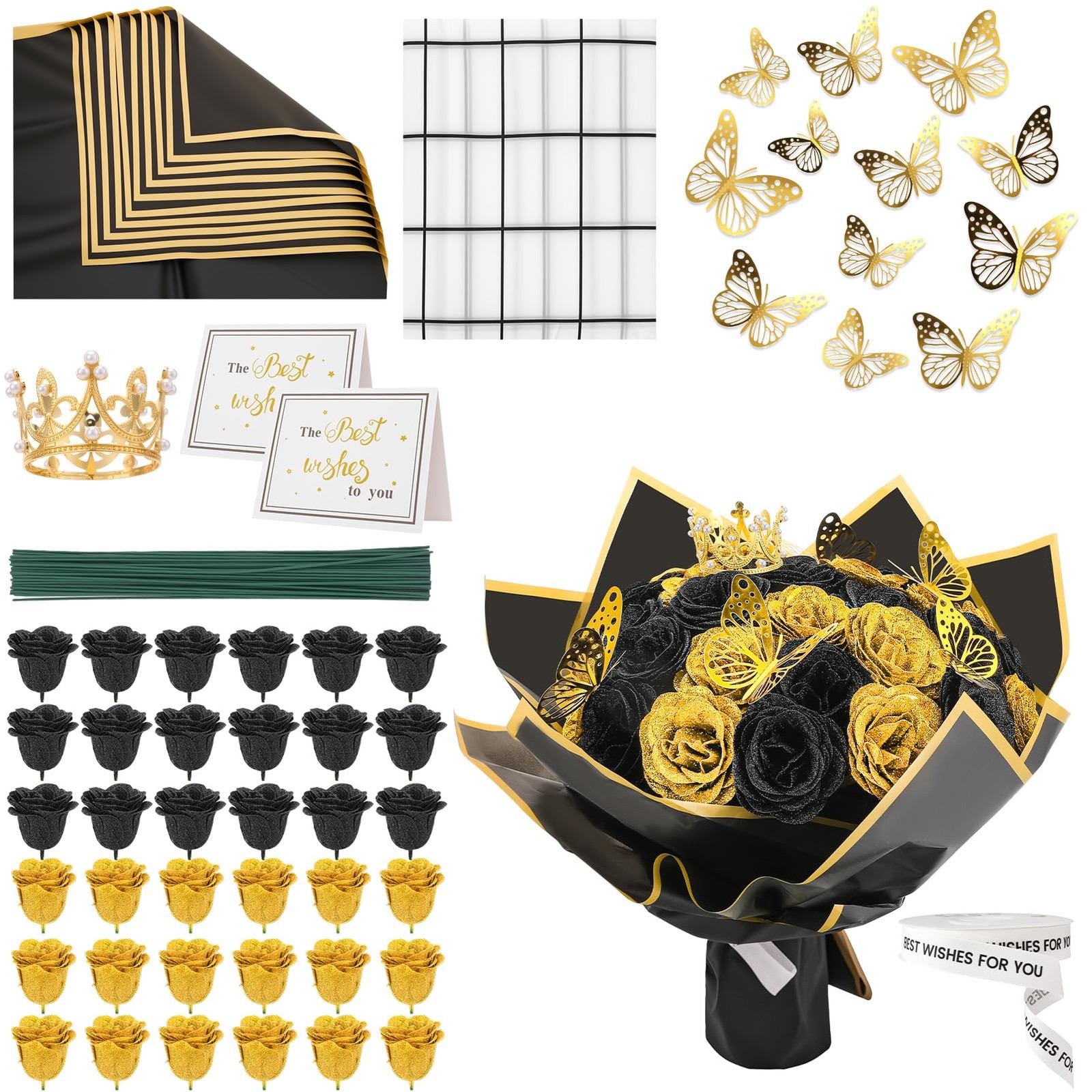 36 PCS Glitter Roses Bouquet Kit, Black, Gold Sparkling Flower Arrangement wi…