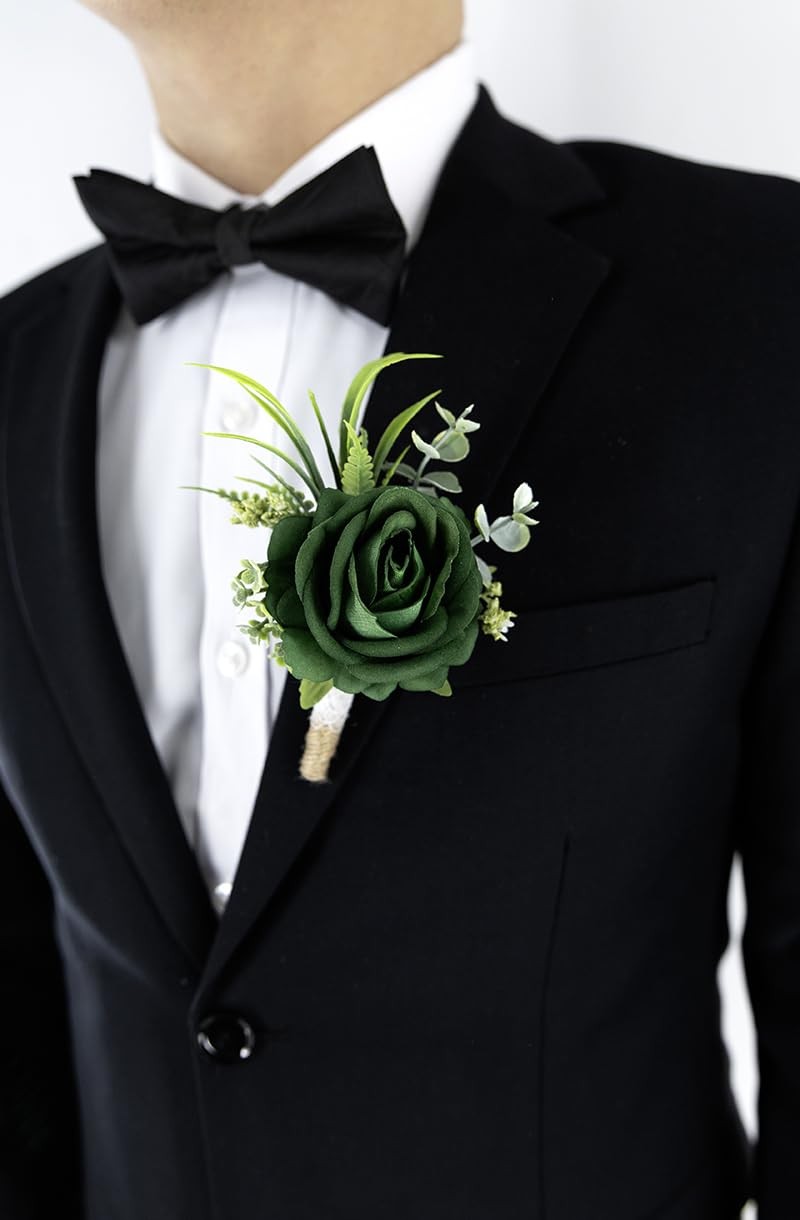 Green Set of 6 Boutonniere for Best Men Groom Groomsmen Buttonholes for Weddi…