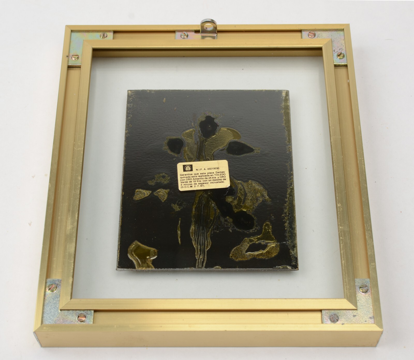 Damascene Floral Calla Lily Decoration 24K Gold Toledo Spain Framed 3.25 x 4 in
