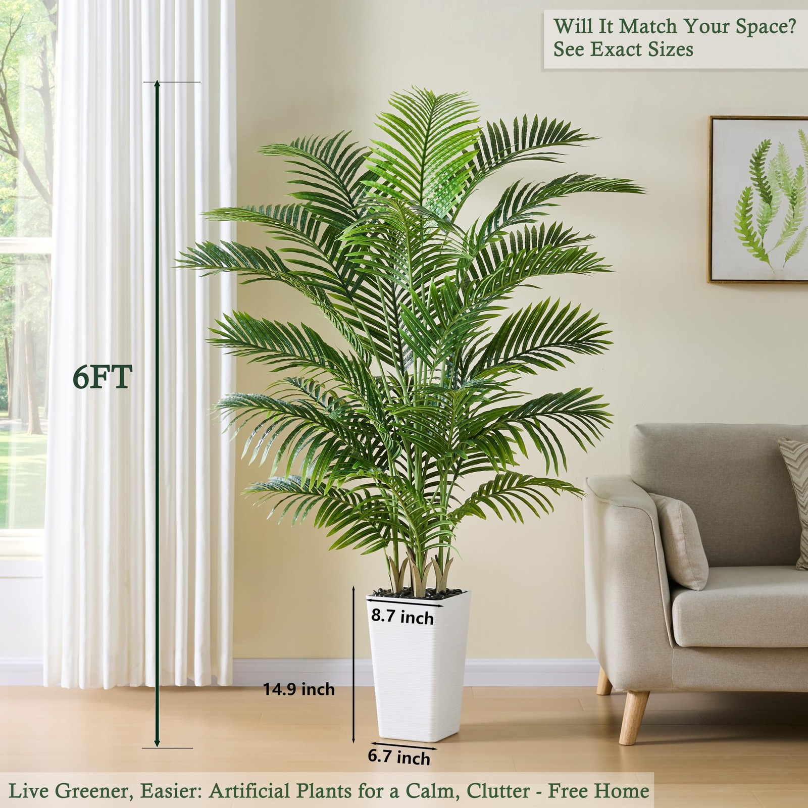 Artificial Palm Tree:6FT Tall Fake Areca Palm Plant (White Planter)