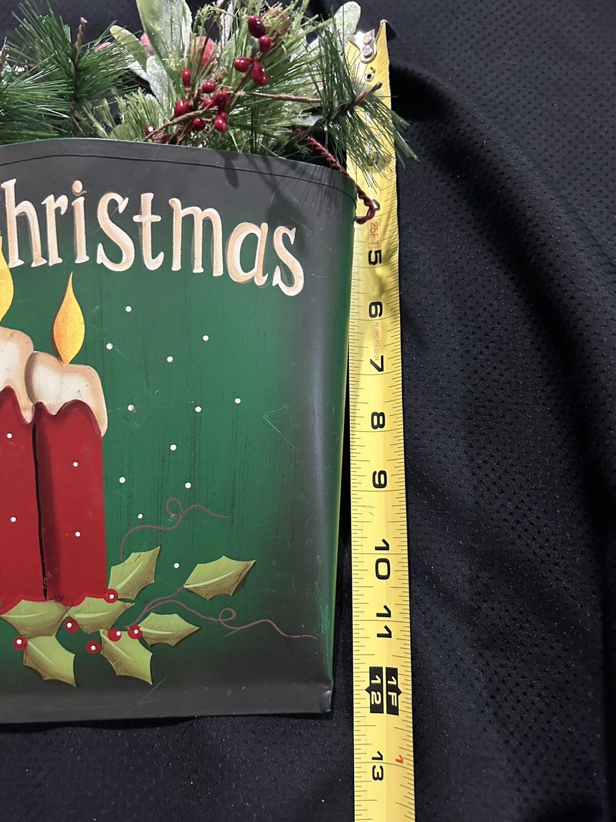 Merry Christmas Wall Decor Painted Tin Bucket with Artificial Berries and Pine