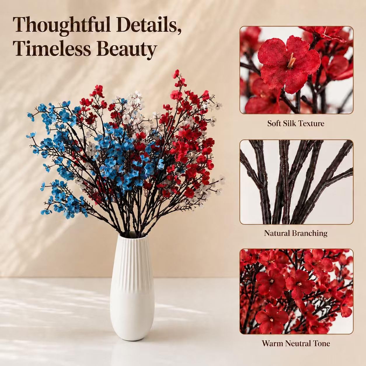 6 Bundles Patriotic Red White Blue Silk Baby’s Breath, 18.5″ Artificial Flowe…