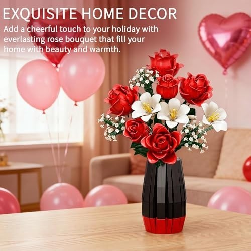 1077 PCS Artificial Rose Flower Bouquet Building Set with Vase – Perfect Gift fo