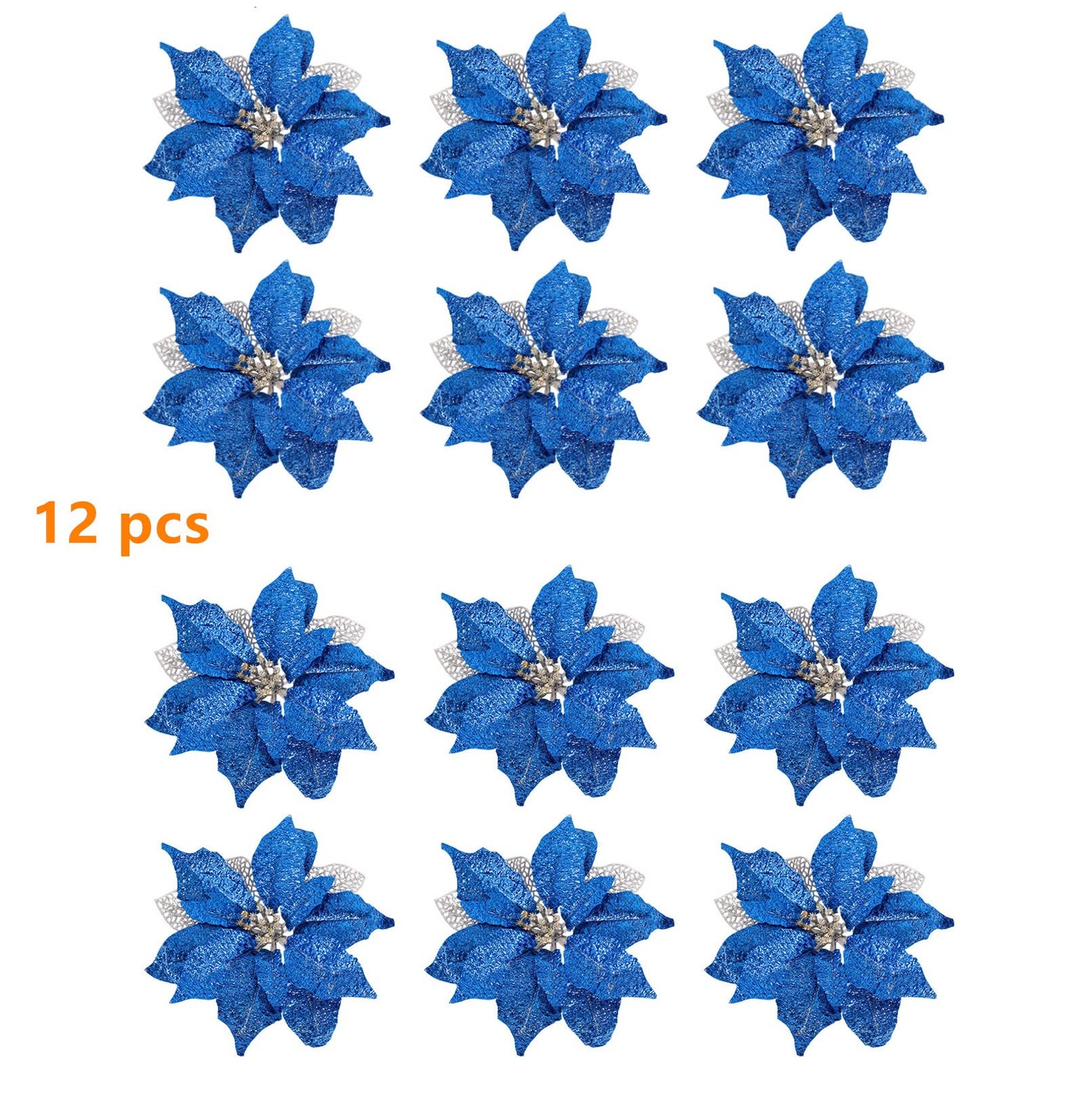 Blue Glitter Poinsettia Christmas Ornaments 12 PCS 9 Inch Artificial Flowers
