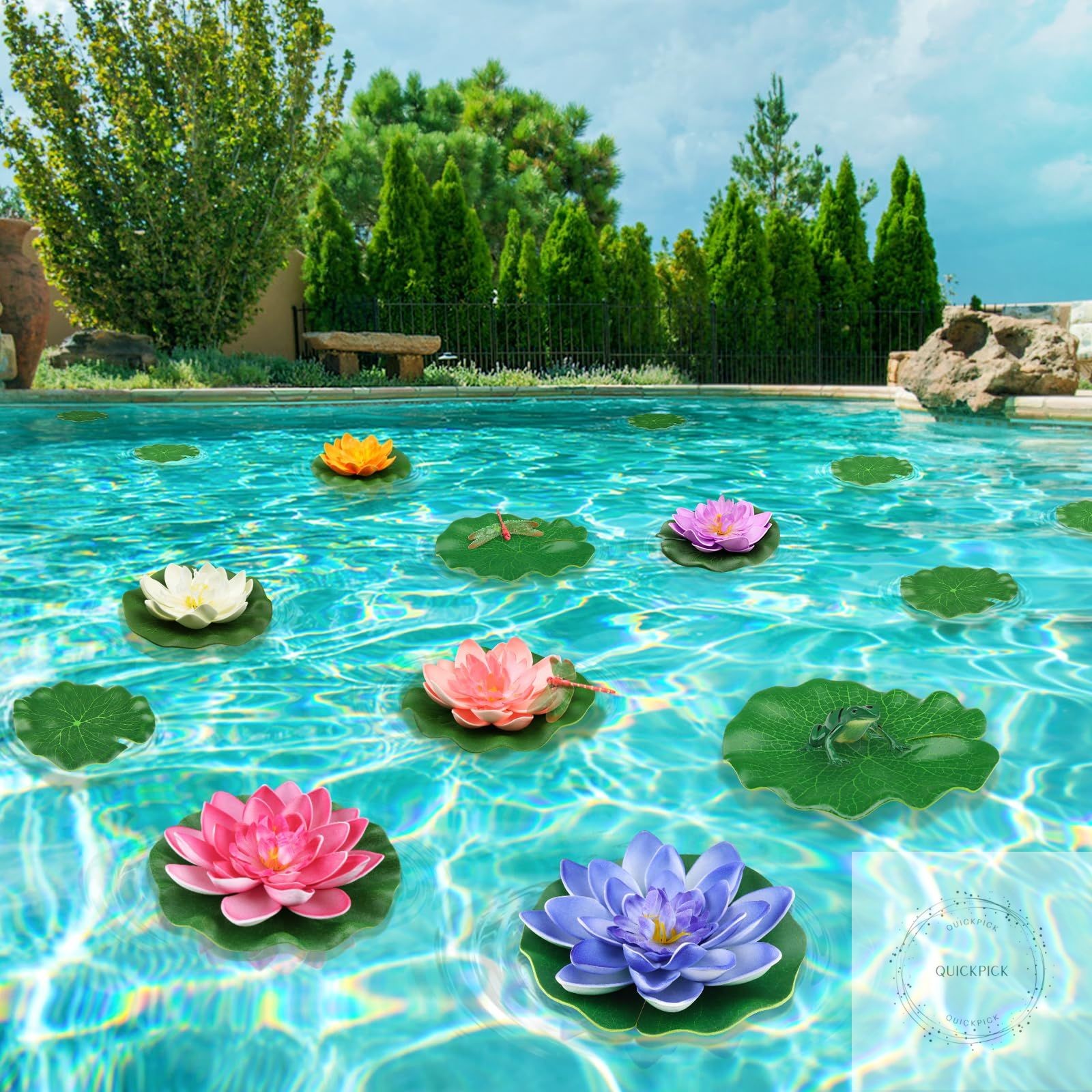 22 Pack Artificial Floating Foam Lotus Flowers with Artificial Frog Lotus Leaves