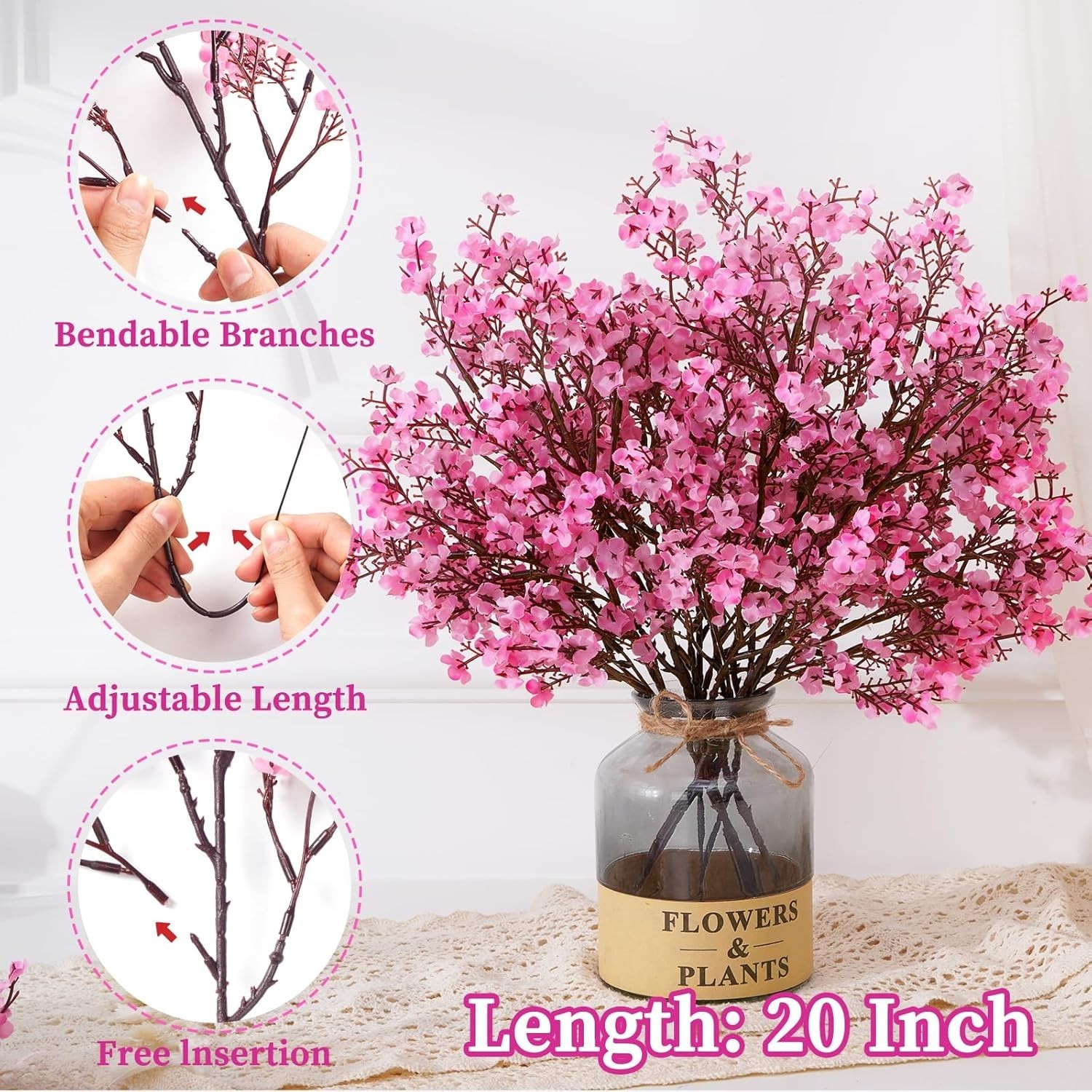 Luxury Real Touch Silk Flowers Set – 5 Pink Babys Breath for Spring Arrangements
