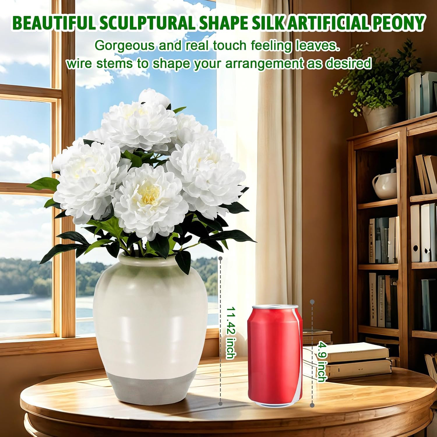 24″ Real Touch White Peony in Vase – Elegant Faux Flower Arrangement Decor
