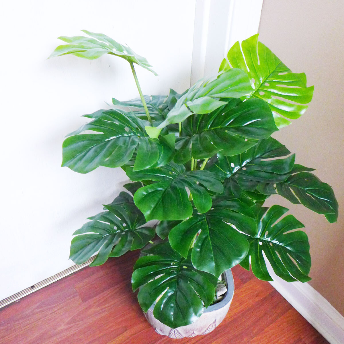 Artificial Monstera Plant 21″ Tall Palm Bush Tree Faux 18 Turtle Big Leaves