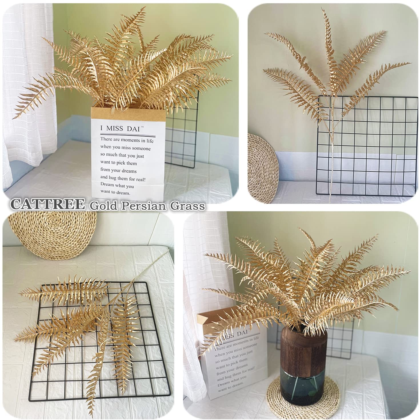 Artificial Plants Gold Persian Grass Tall 29″ 2 Pack, Fake Golden Palm Leaves…