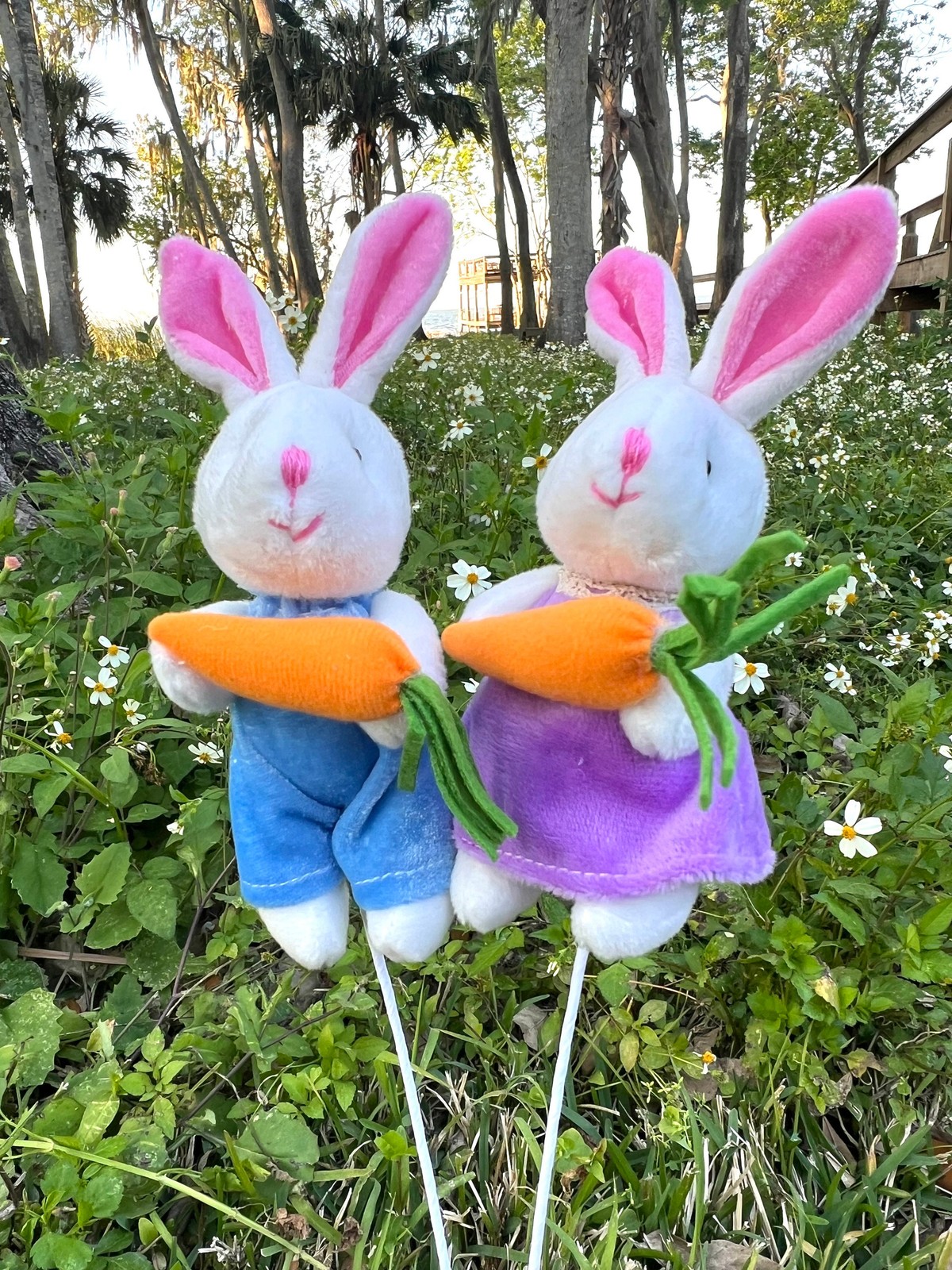 Velvet Bunny Rabbit W/ Carrot Plush Picks Easter Decor Holiday Supplies Set of 2