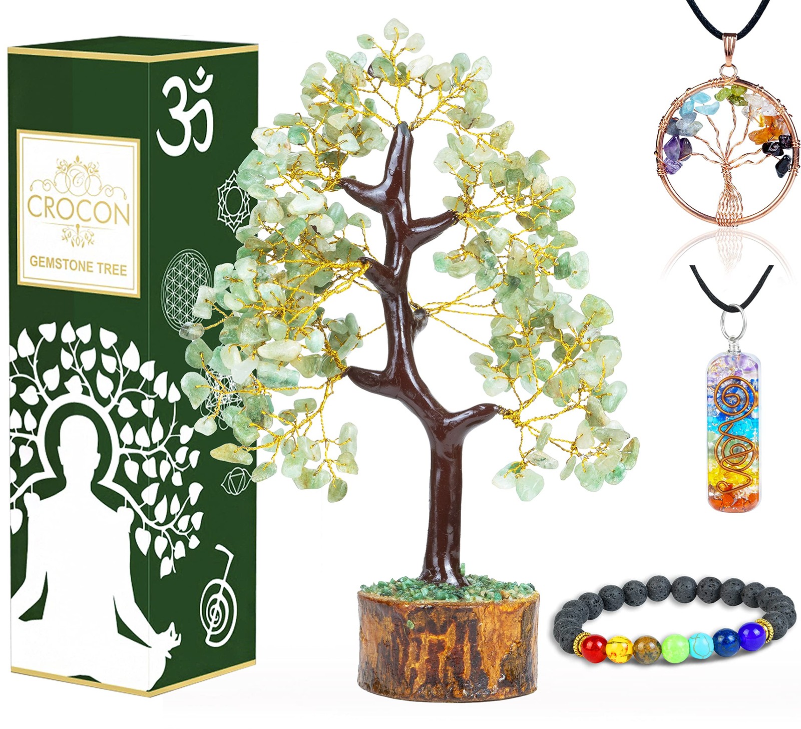 ® Green Jade Crystal Tree of Life with Bracelet & 2 Pendants Feng Shui Gem Tr…