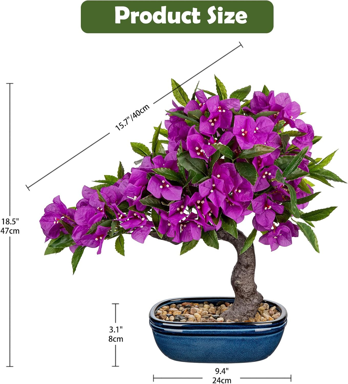 18.5″ Purple Bougainvillea Bonsai Tree in Blue Pot for Home Décor