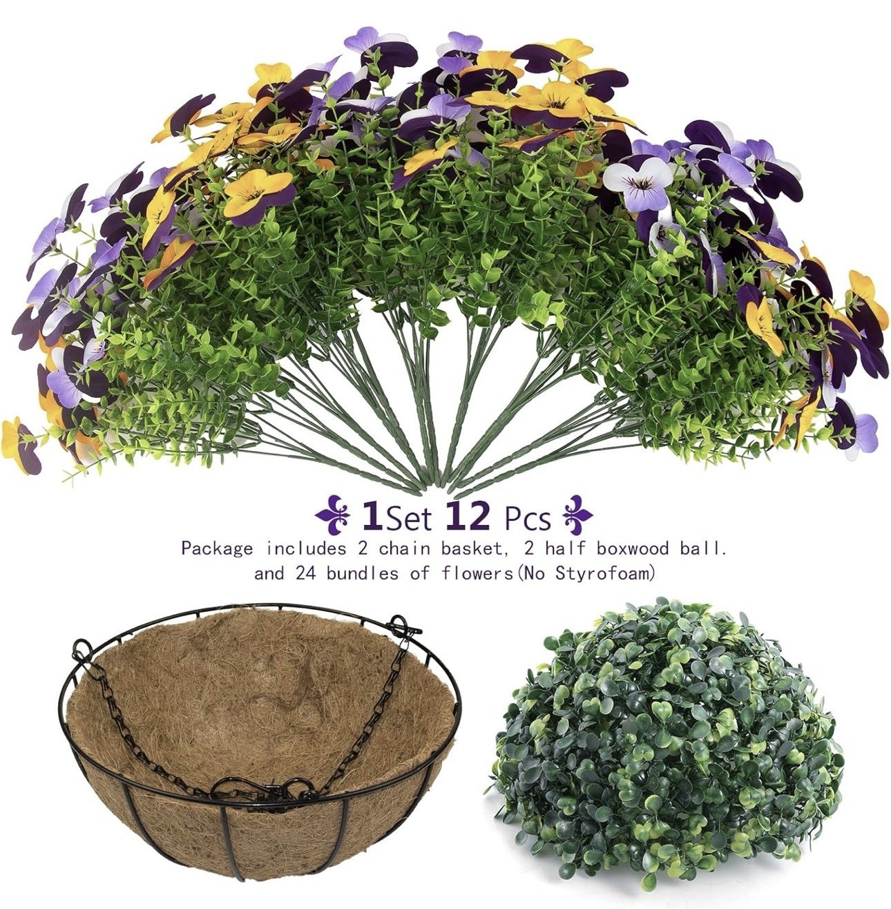 2 Set Artificial Outdoor Pansy Flowers with Hanging Baskets, 2 Hanging Baskets w