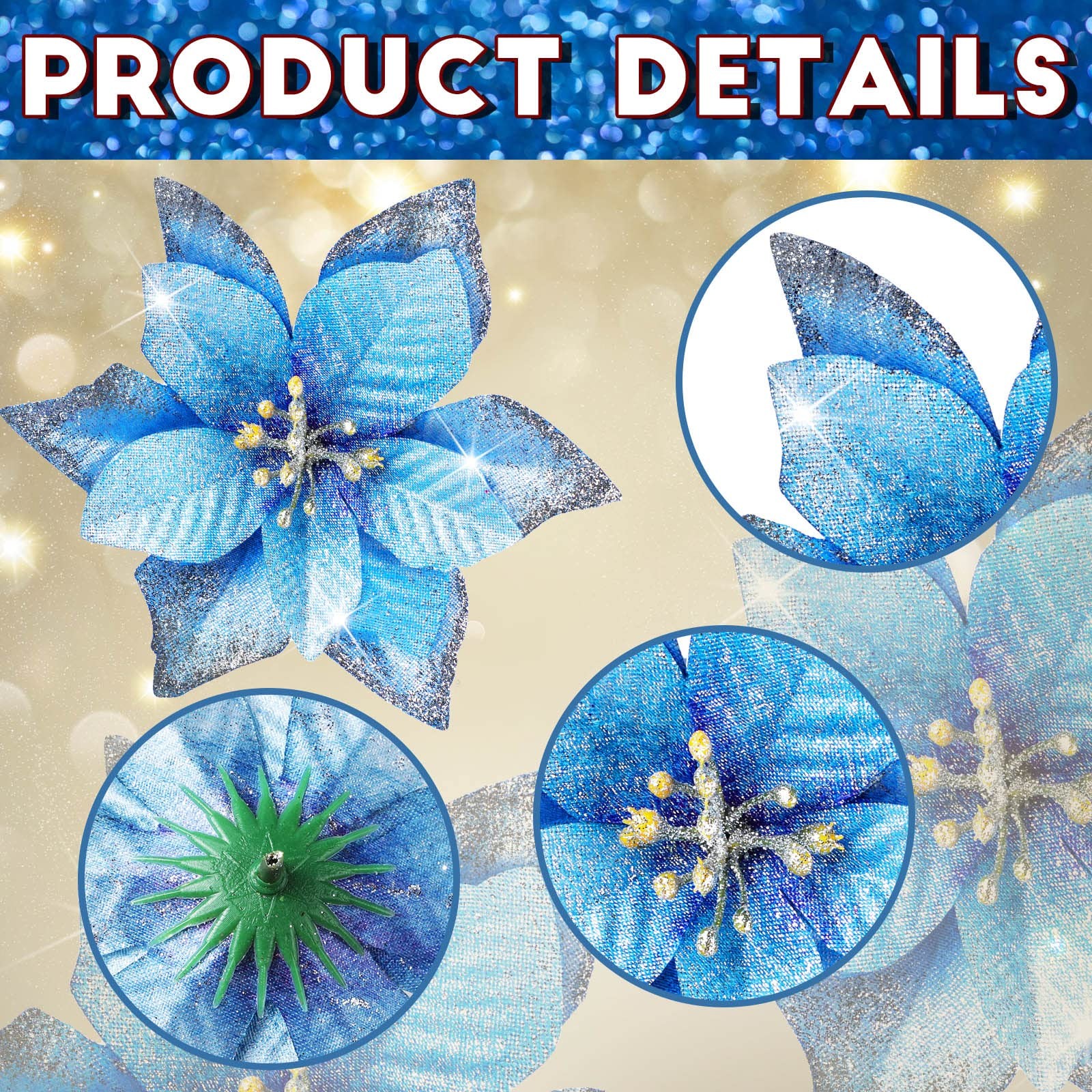 45 PCS Christmas Poinsettia Decorations Glitter Tree Flowers 5 Inch Blue