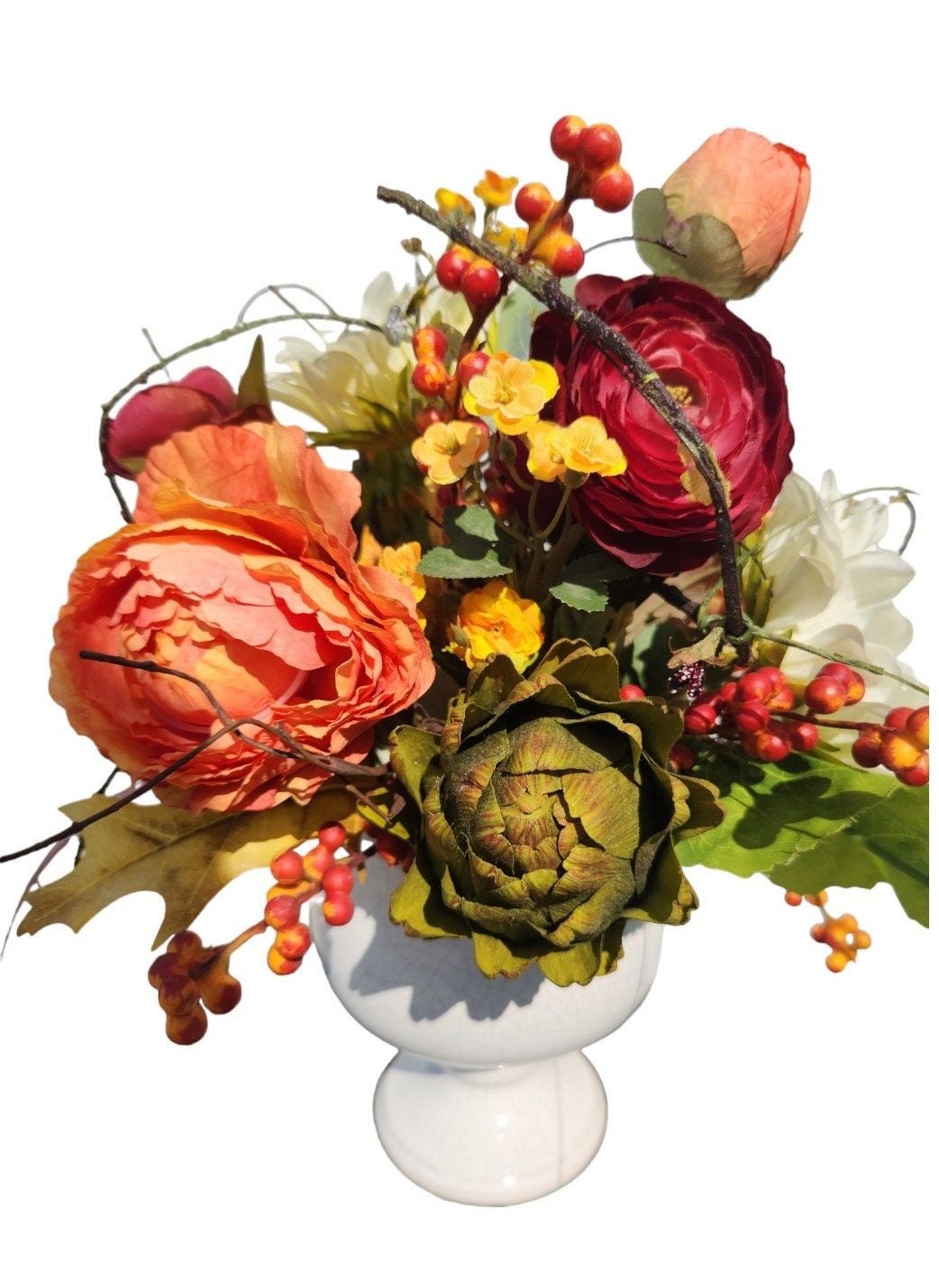 Autumn Artificial Floral Centerpiece With Sunflowers & Ranunculus Arrangement Wh