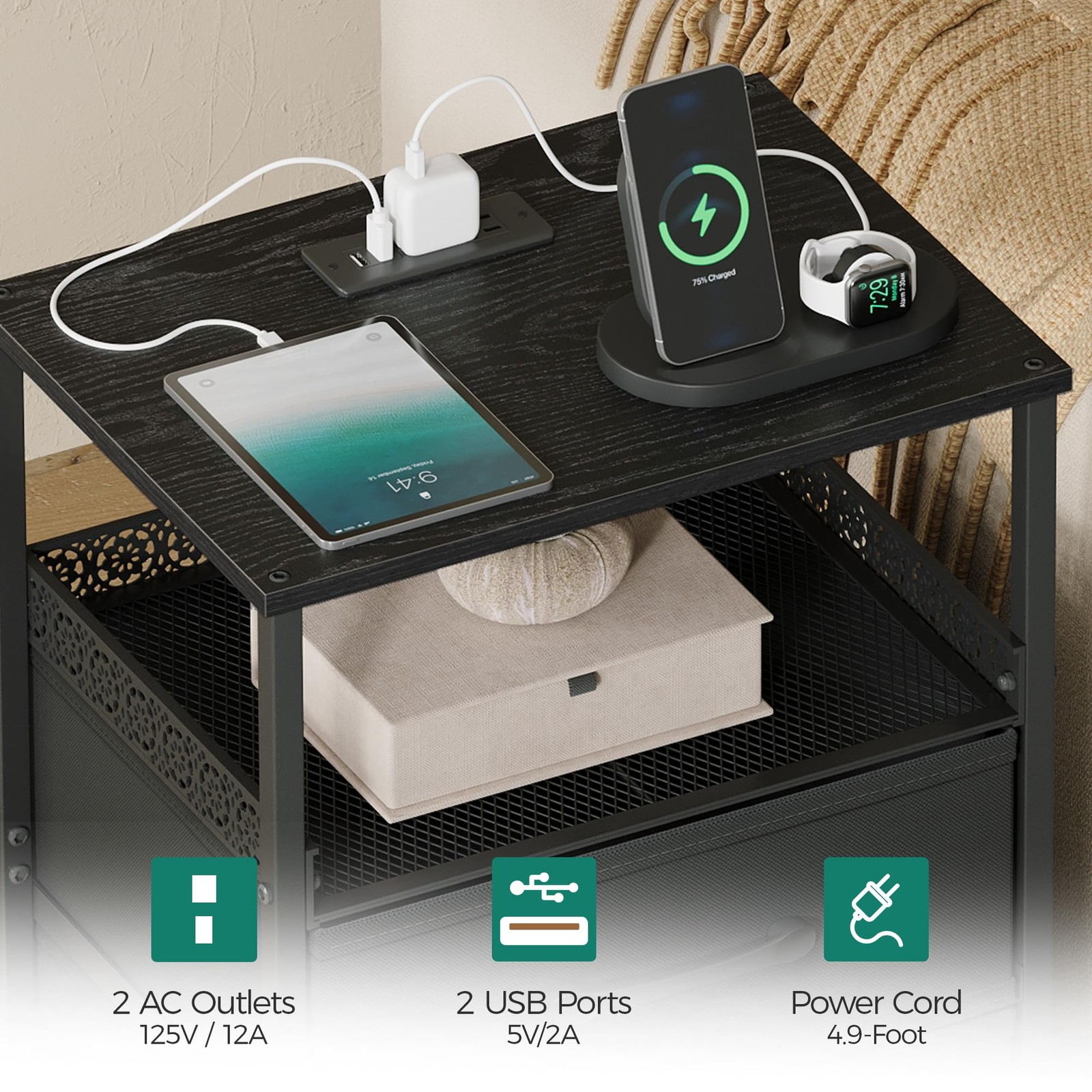 Nightstand Set of 2 with Charging 7.44 x 13.11 x 17.32 inches, Black