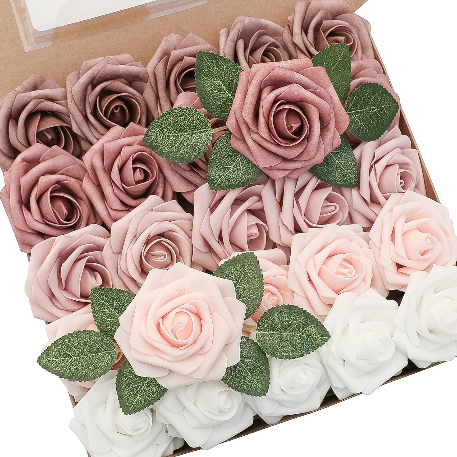 Artificial Flowers 25 Pcs Real Looking Dusty Rose Ombre Colors Foam Fake Roses