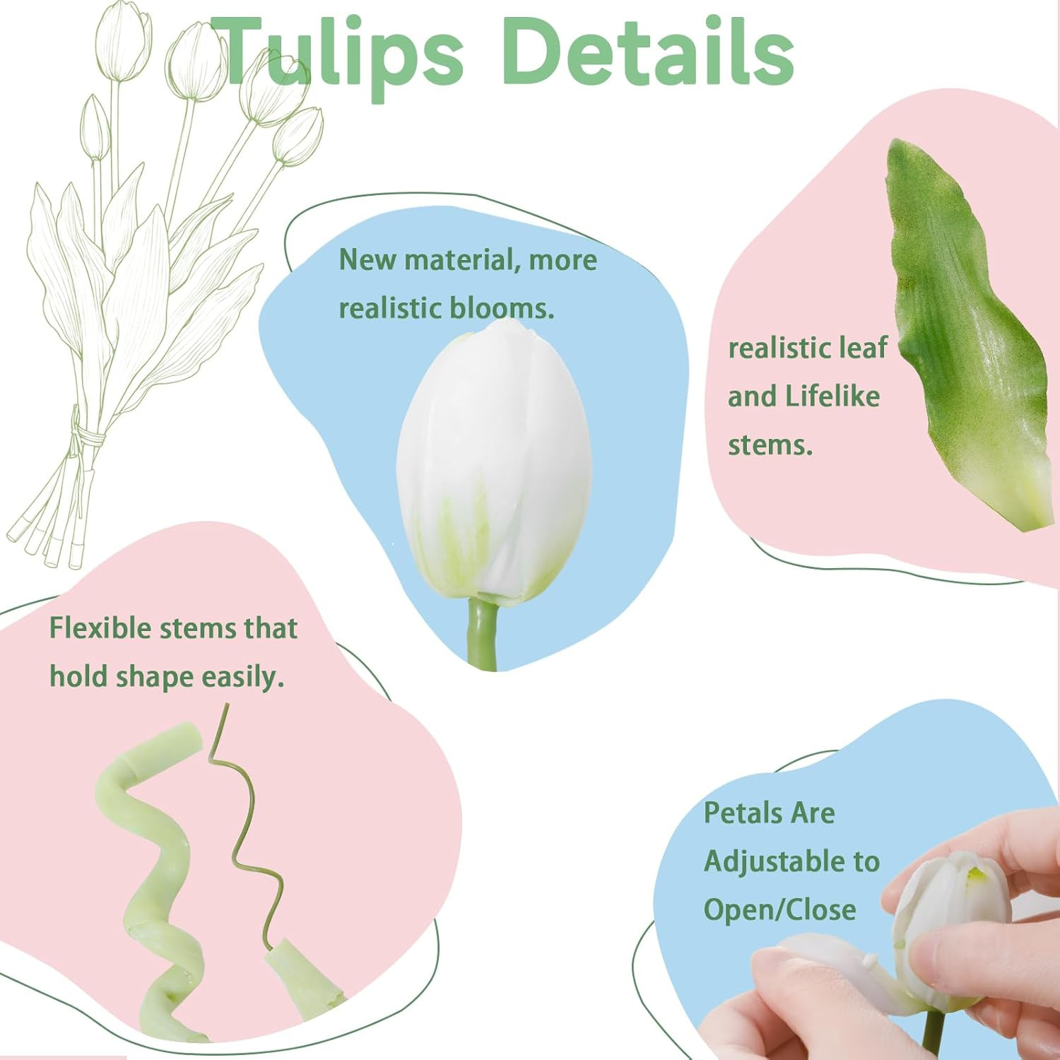 15 Pcs White Artificial Flowers Tulips Latex Plastic Soft Faux Bouquets for Part