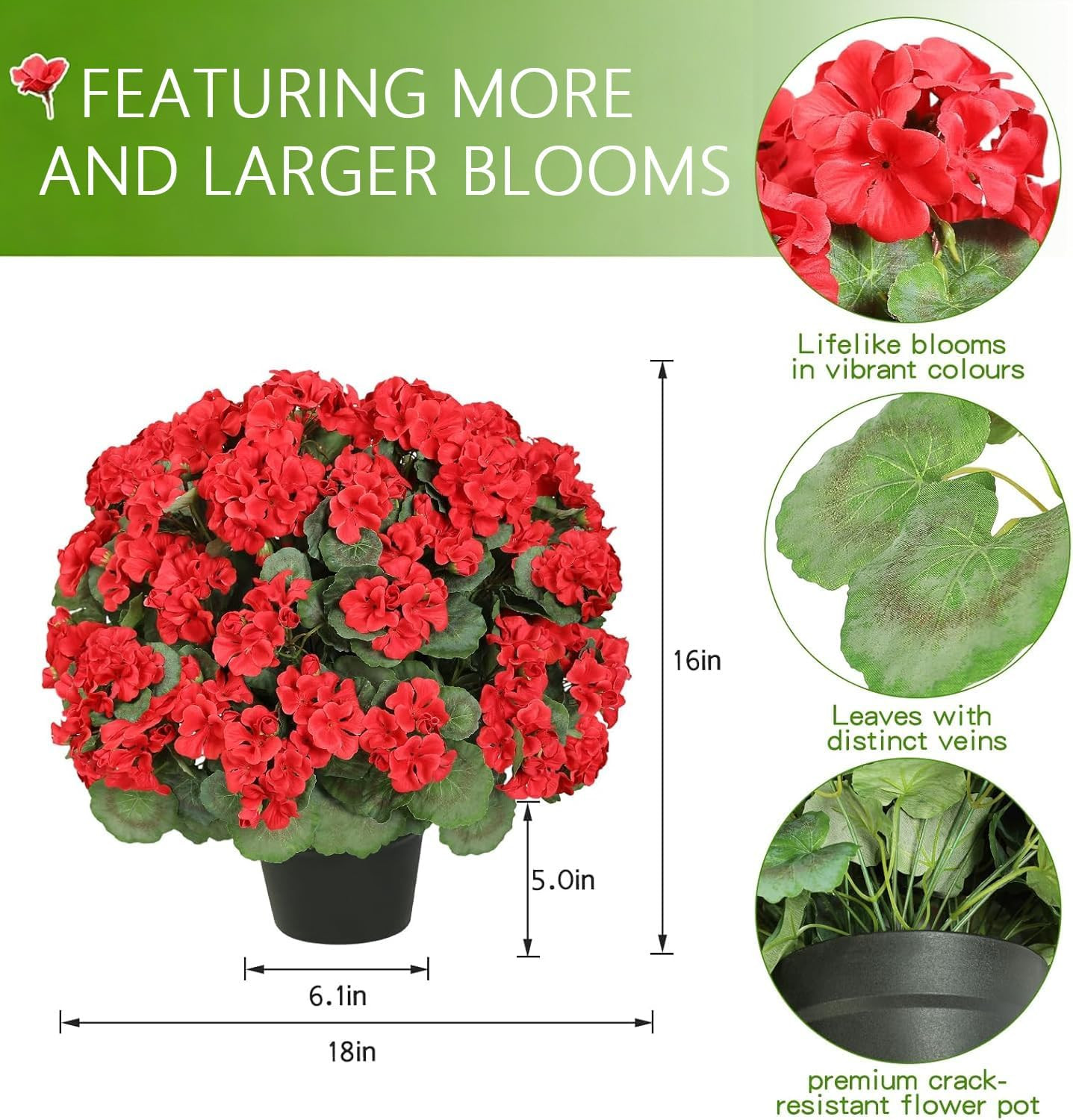 2Pack Artificial Geraniums for Outdoors, 18″ Faux Red Potted Geraniums UV Resist