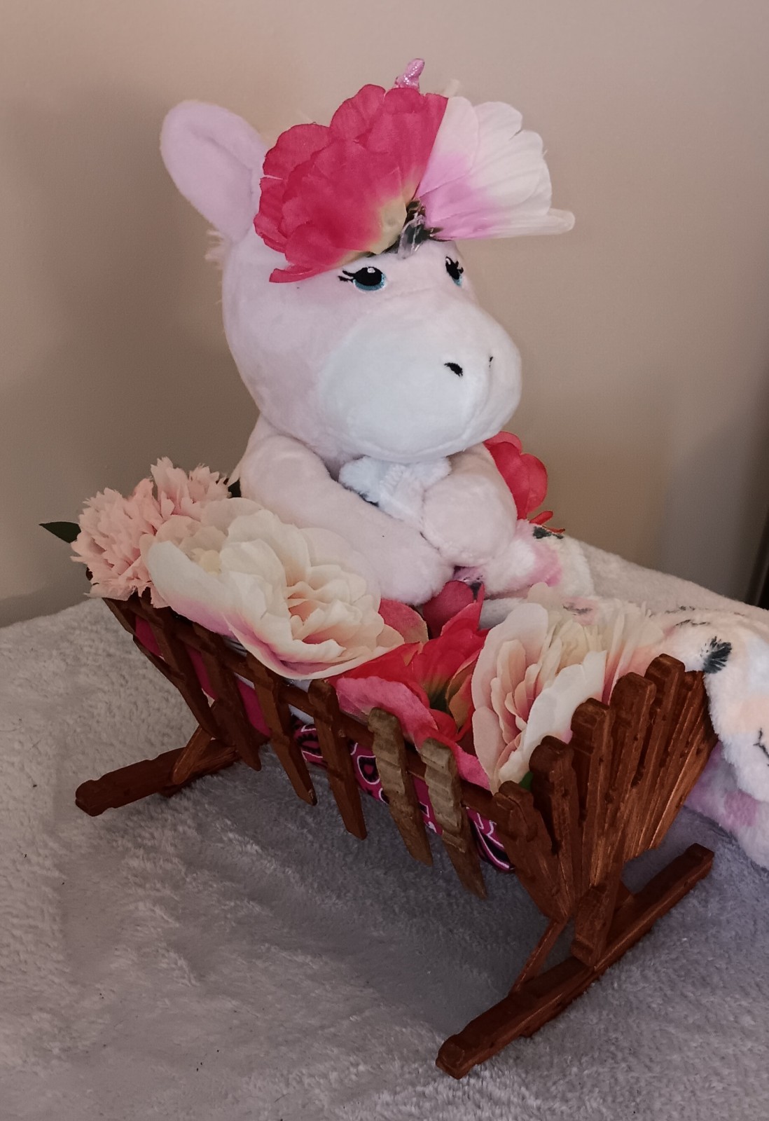 Cute Unicorn In A Cradle Laying In A Bed Of Flowers, Handmade