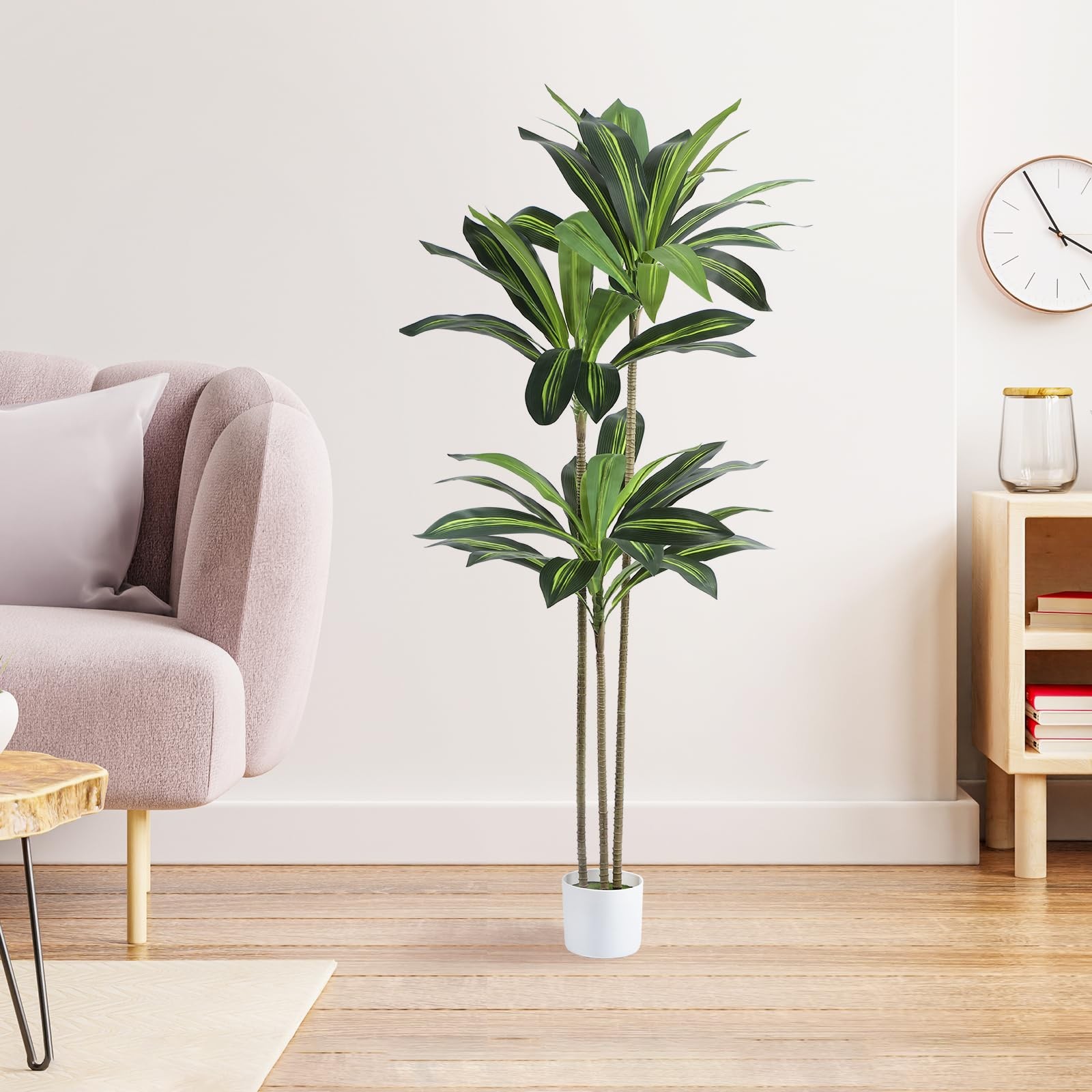 Artificial Dracaena Tree 5FT Fake Plant with White Small Planter Faux Silk Ta…