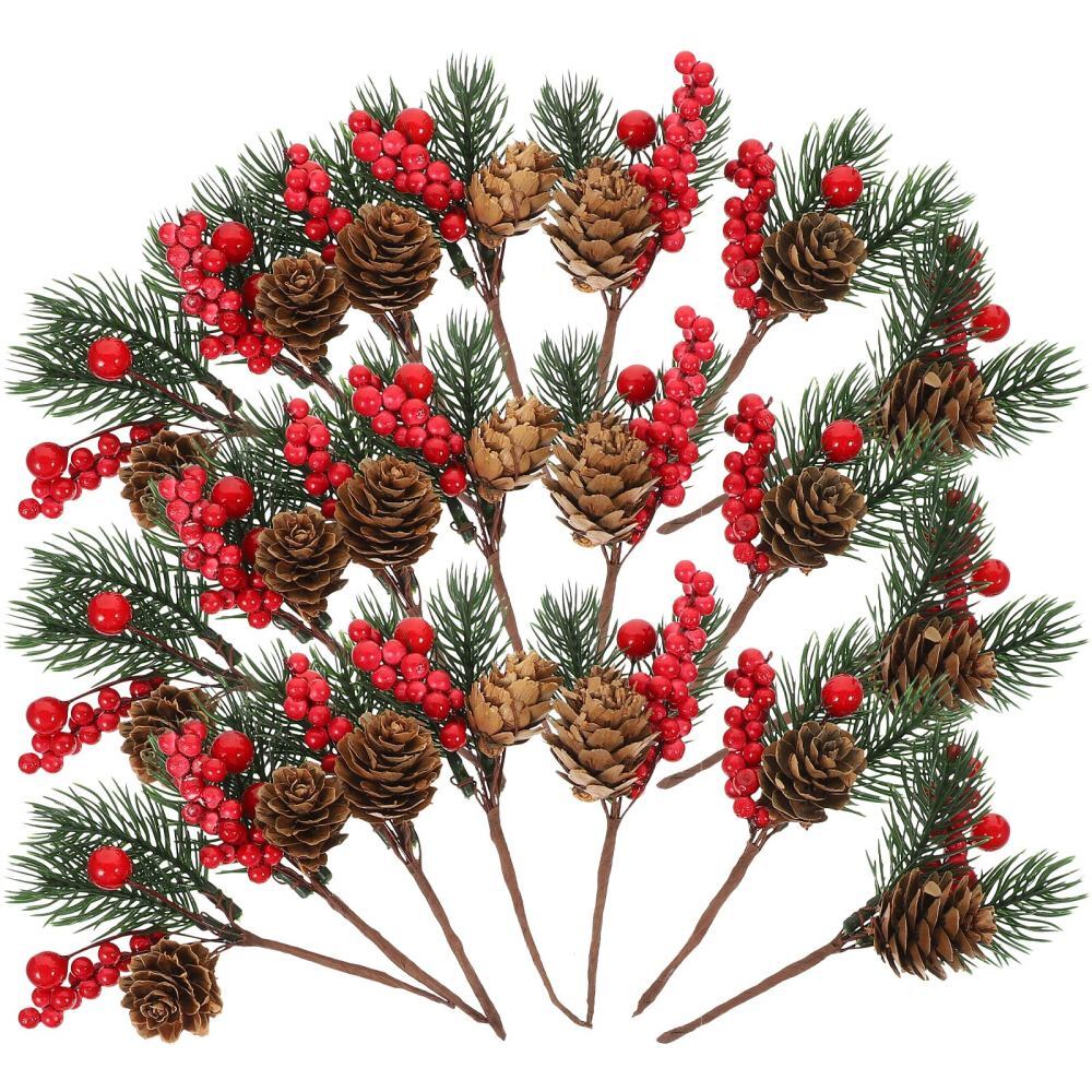 10 Pcs Christmas Cuttings Red Floral Picks Artificial Green Pine Needles
