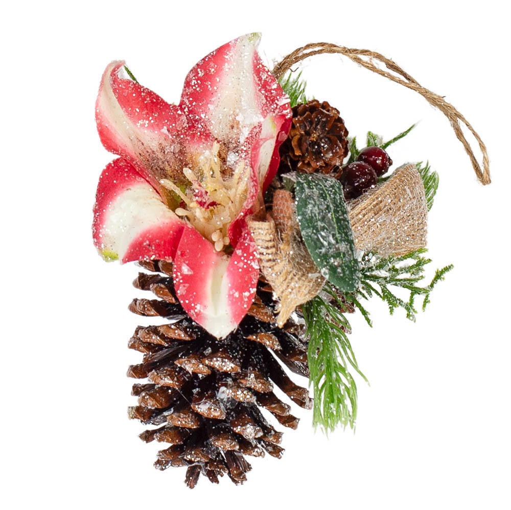 Set of 4 Sparkling Pine Cone 5″ Ornaments with Flower Accent & Burlap Bow