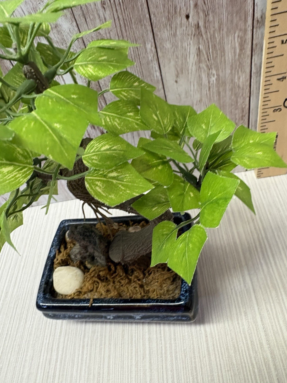 Artificial Bonsai Tree 8” Faux Plant In Vintage Blue 4×3 Pot FREE SHIPPING