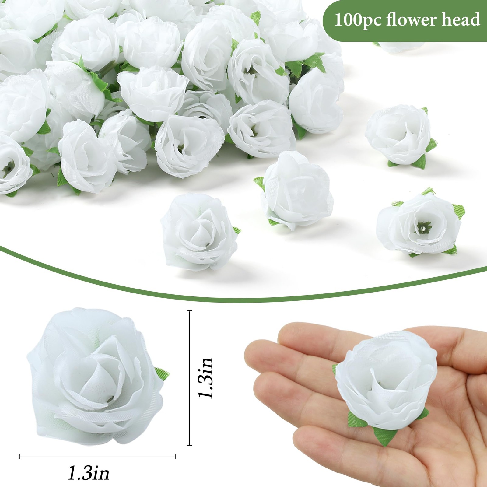 100 PCS White Artificial Roses 1.3 inches Mini Fake Head Flower Wall Decor