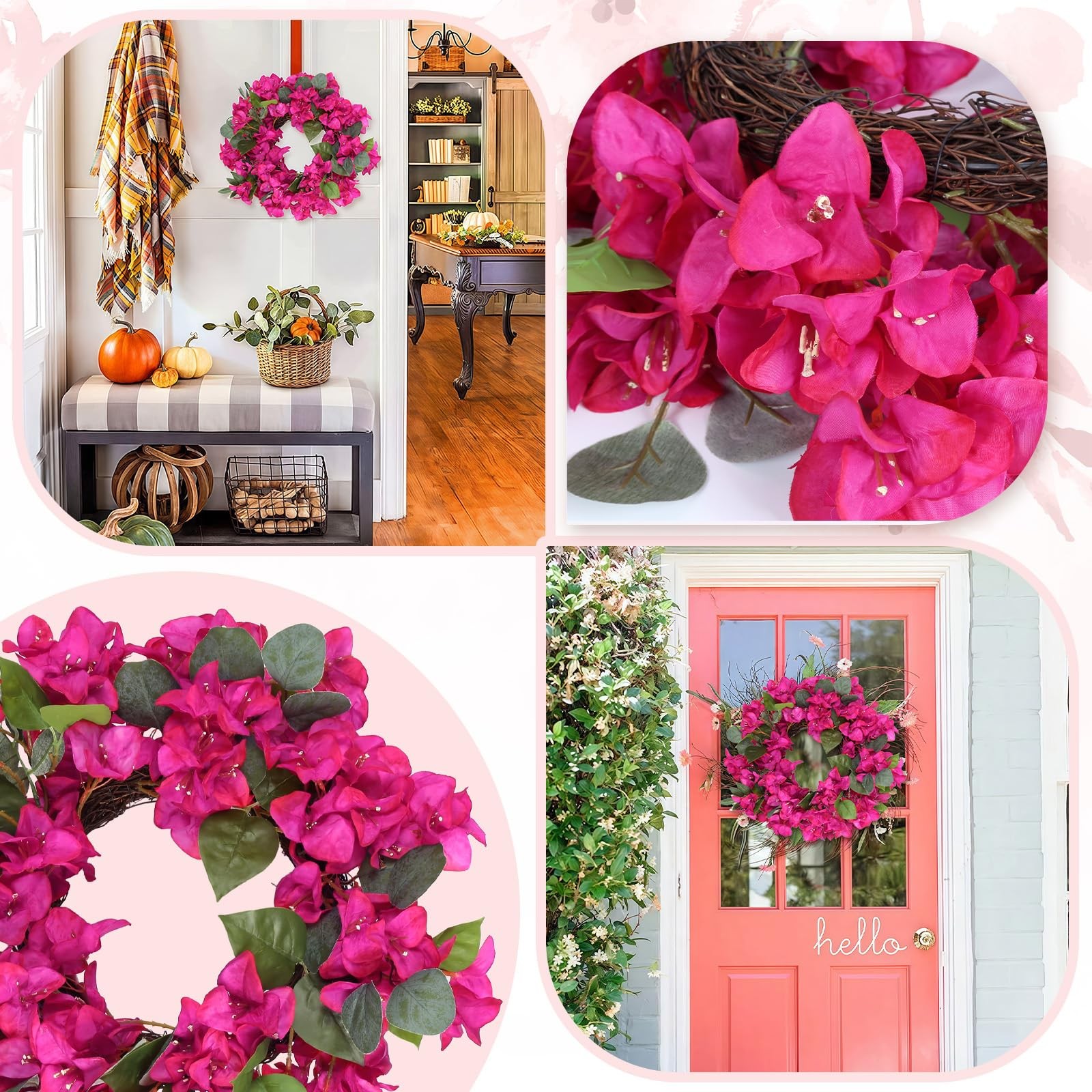 Artificial Bougainvillea Wreath Faux Silk Flowers Front Door Decor Hot Pink