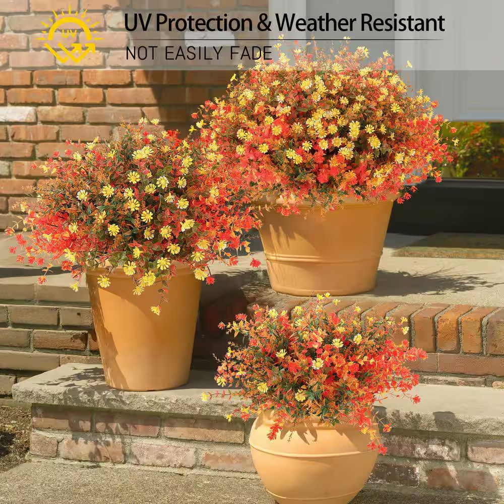 1 In. H Orange Artificial Mums 12-Bundles UV Resistant Fake Flowers for Outdoor
