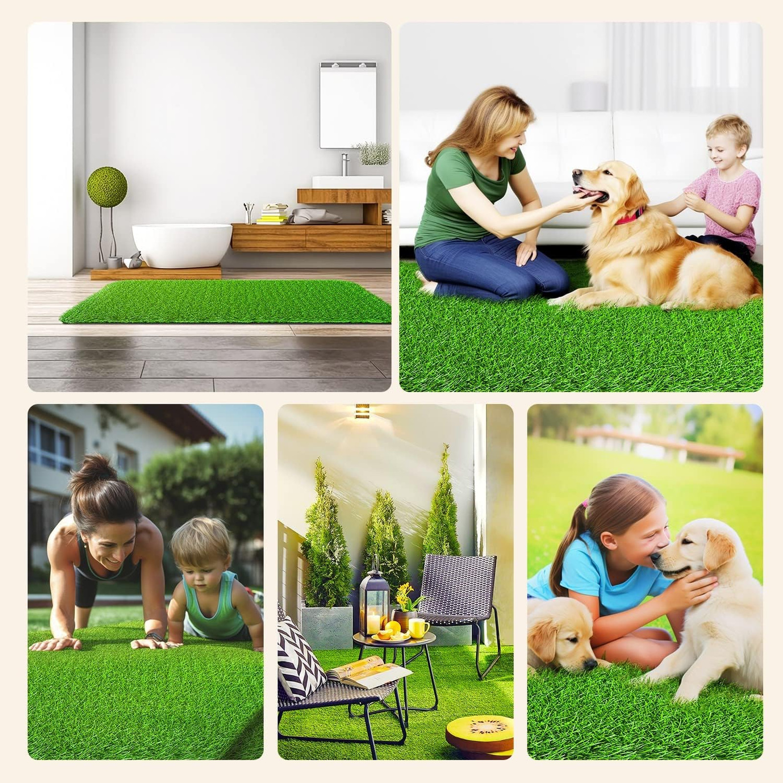 Realistic Artificial Grass Rug Indoor Outdoor, Dog Grass Mat with Drainage Holes