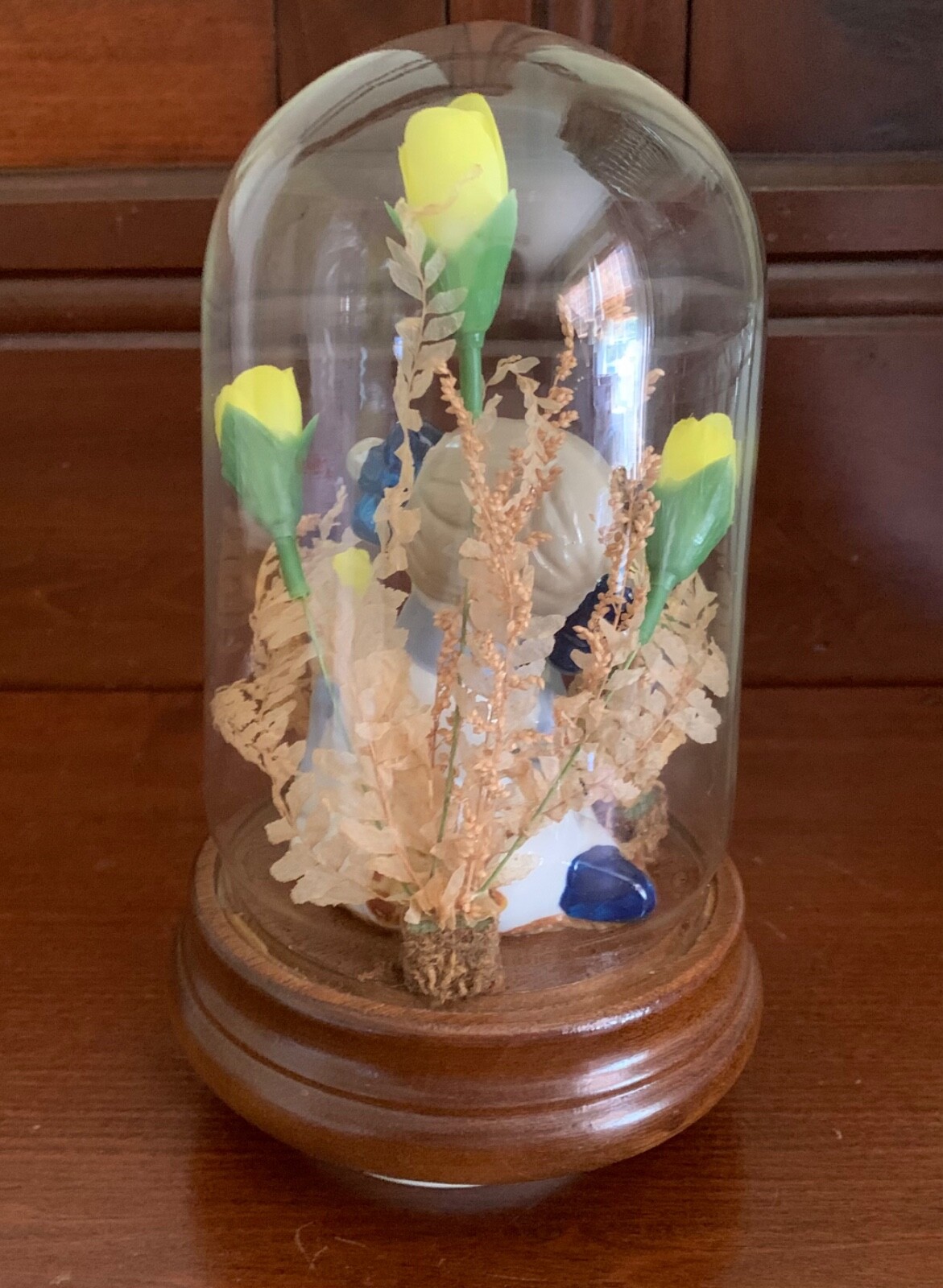 Vintage MCM Musical SpInning Floral Cloche Dome Terrarium Mid-Century Decor
