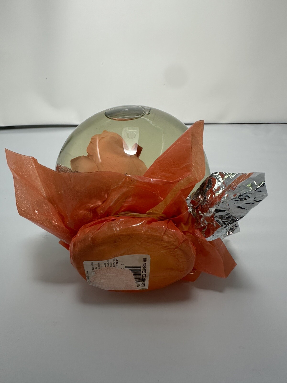 Vintage Suspended Rose Glass Bubble 6.5” tall by Mexiflower Orange Foil Netting