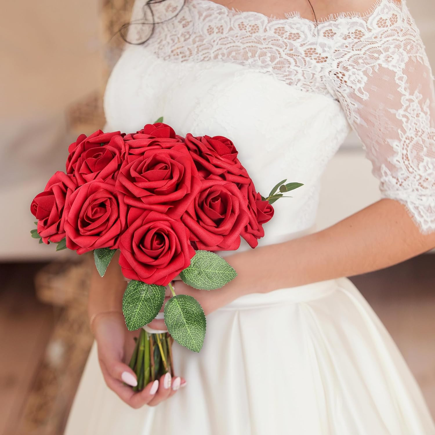 50 Pcs Artificial Flowers Red Roses Bulk, Real Looking Foam Fake Roses with Stem