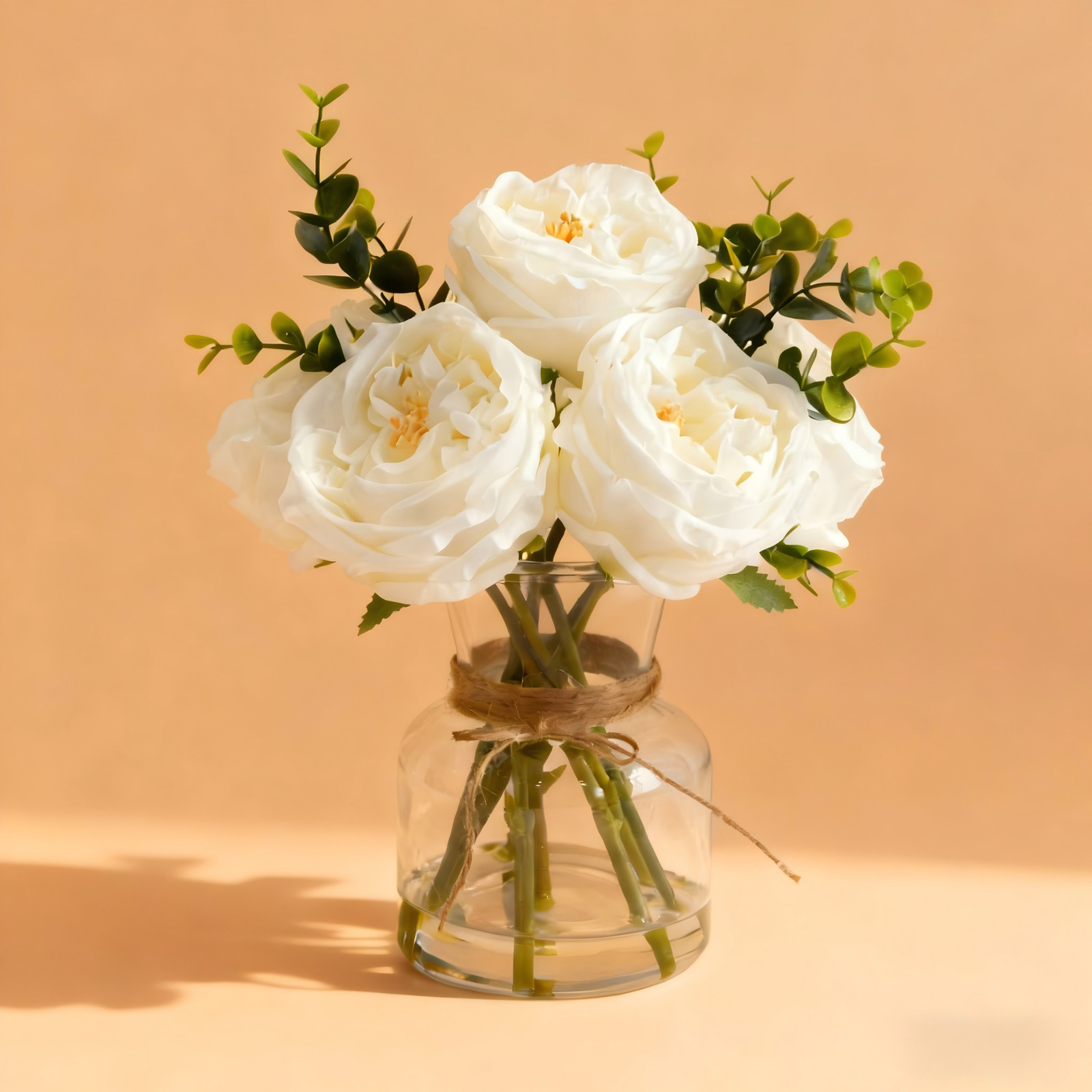 Elegant White Artificial Roses in Vase w/ Faux Water Lifelike Flower for Wedding